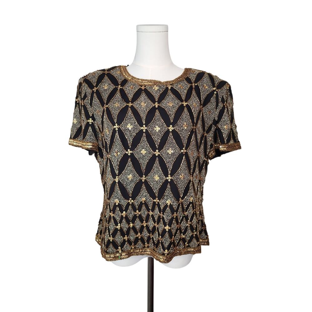 80s/90s Papèll Boutique Gold Black 100% Silk Loud Luxury Top